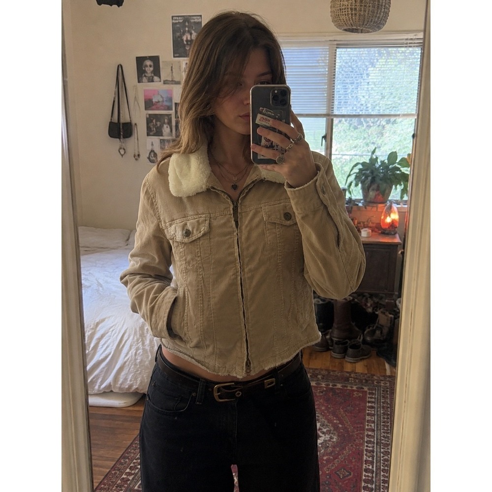Corduroy Jacket Beige Faux Fur Sherpa Collar Y2K Indie 70s Boho Mallcore Phoebe